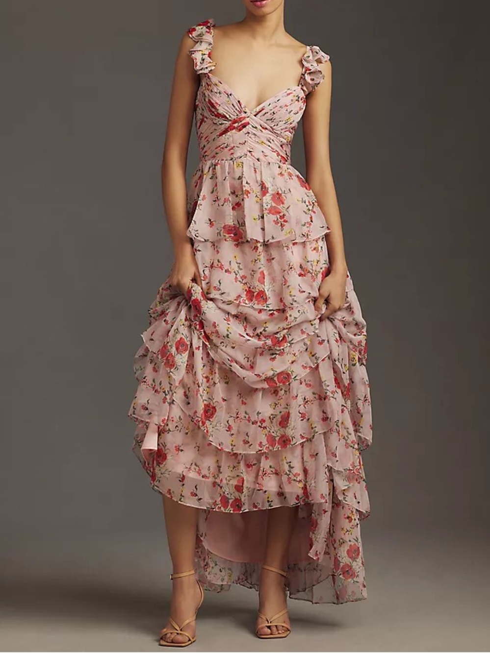 Ieena Mac Duggal Floral Ruffled Sleeveless Draped Maxi Dress Size 16 - Picture 1 of 12
